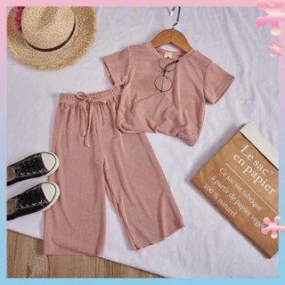 Girls summer new leisure suit two-piece Ice Silk short sleeve suit trendy womens medium thin childrens summer clothes