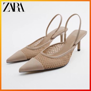 Zara รองเท้าส้นสูง ผ้าตาข่าย สีเบจ แฟชั่นฤดูร้อน สําหรับผู้หญิง