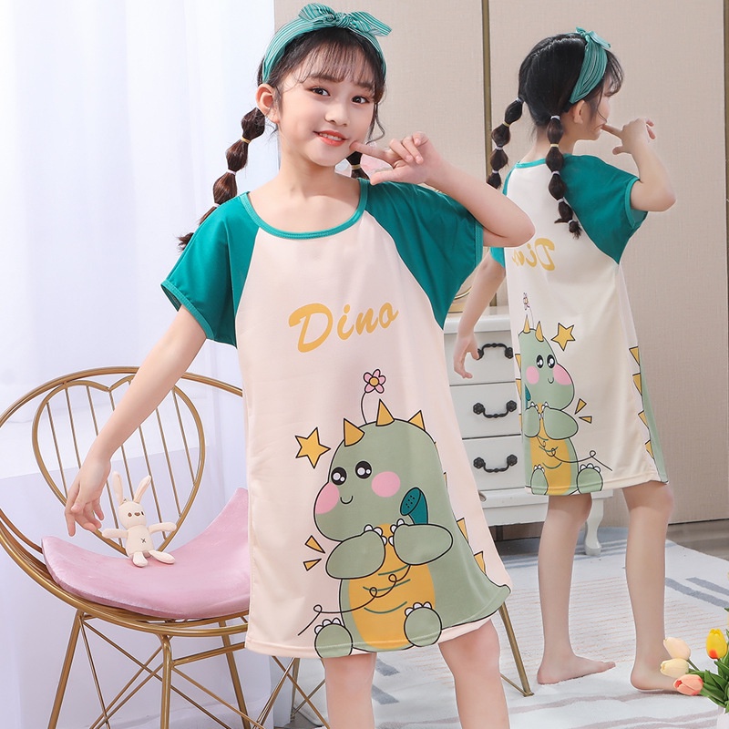 พร ้ อมสต ็ อก 90-150 ซม.สาว Nightdress ฤดูร ้ อนนมผ ้ าไหมบางการ ์ ตูนแขนสั ้ นสาวชุดนอนบ ้ าน