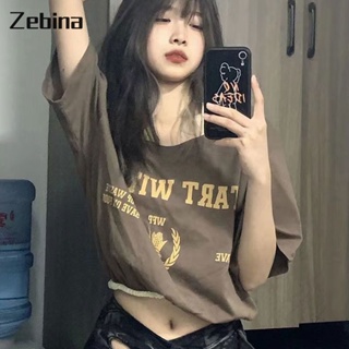 Zebina เสื้อยืดแขนสั้นย้อนยุคหญิงเวอร์ชั่นเกาหลีการออกแบบความรู้สึกสะดือสาวร้อนสั้นด้านบน