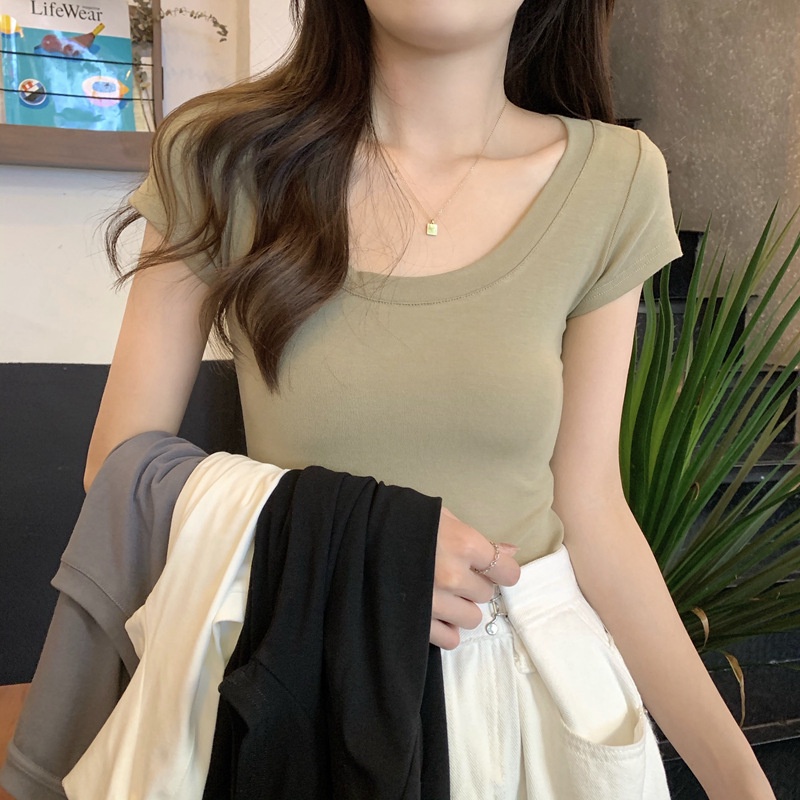 【WJZ】 แฟชั่นสตรีสีทึบเซ็กซี่คอ U ใหญ่ติดตั้งเสื้อยืดแขนสั้น【9953】
