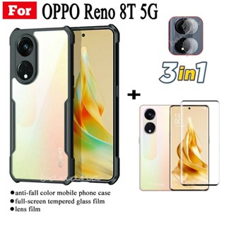 3in1 เคสโทรศัพท์ กันกระแทก สําหรับ Reno 8T 5G Reno 8 T 4G ฟิล์มกระจกนิรภัย + ฟิล์มเลนส์กล้อง