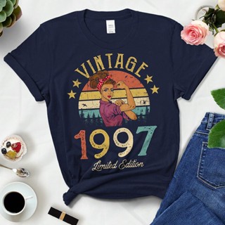 เสื้อยืดผ้าฝ้าย แขนสั้น พิมพ์ลาย 1997 Limited Edition 25Th 25 Years Old Birthday Mother Mom Wife สีดํา สไตล์วินเทจ สําหร