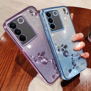 เคสซิลิโคน TPU นิ่ม แบบใส ปิดด้านหลัง ลายดอกกุหลาบ ประดับเพชรเทียม วิบวับ แฟชั่น สําหรับ Vivo S16 Pro S16E 5G