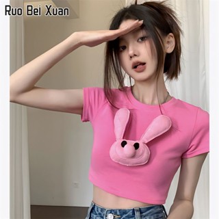 RUO BEI XAUN เสื้อยืดสตรีสไตล์เกาหลีใหม่ผ้าฝ้ายแขนสั้นตุ๊กตากระต่าย