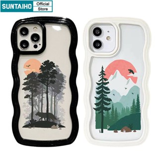 Suntaiho Creative Ink Painting of The Rising Sun Pattern Bumper TPU Soft Case for iPhone 11 Pro 14 PRO MAX 12 13 Pro XR XS Max 7 Plus 8 Plus Wavy Shape Shockproof Casing