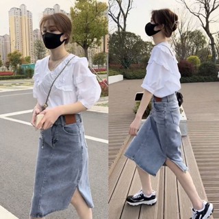 ฤดูร้อนปลอกคอตุ๊กตาเสื้อเชิ้ตยีนส์กระโปรงสองชิ้นชุด