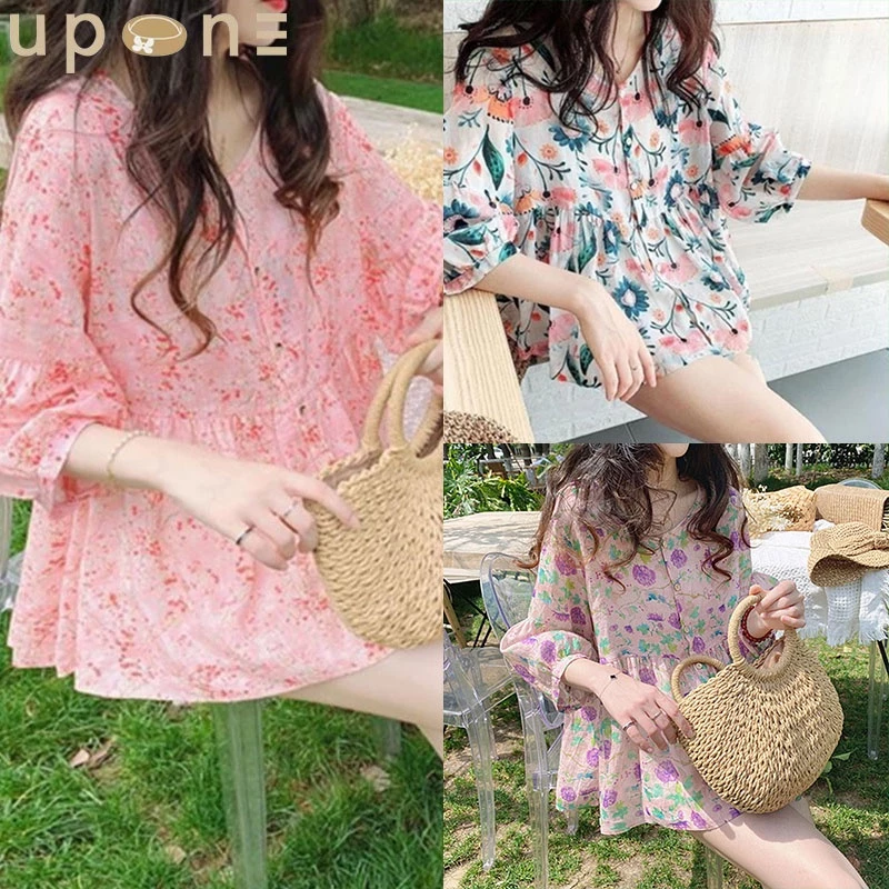 เสื้อครอปแขนสั้นลายดอกไม้ เสื้อตุ๊กตาแฟชั่นผู้หญิง