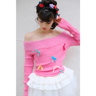 Production Garden Mornisle * Flower Break Series off-Shoulder Velvet Mohair Handmade Color Bow Knitted Top