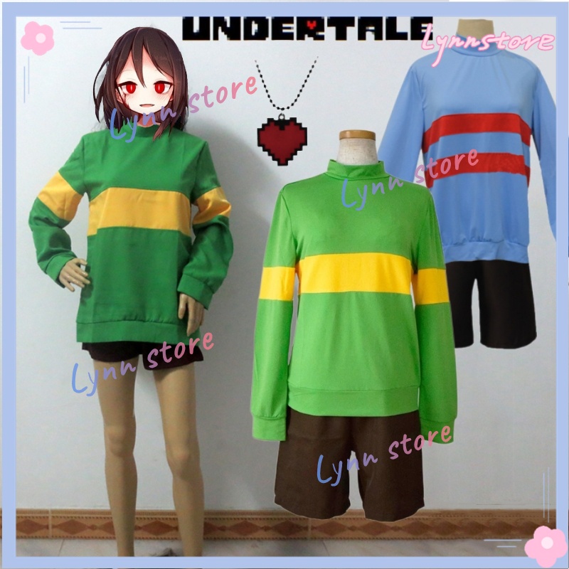 Frisk / CHARA เสื้อคอสเพลย์ + กางเกงขาสั้น + สร้อยคอ เกมครบชุด '' ชุดคอสเพลย์ Undertale''
