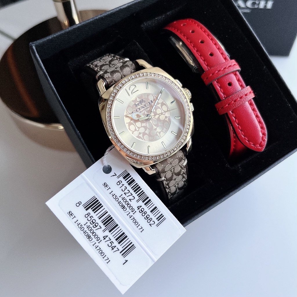 📌แท้ 100%📌  นาฬิกาข้อมือ นาฬิกาข้อมือผู้หญิง  Coach Women 14500091 BOYFRIEND Signature Brown Gold Tone Watch