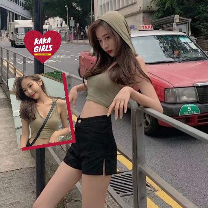 เสื้อกล้ามแขนกุด เอวลอยผู้หญิง Croptop เอวลอยเขียวเรียบๆ เมทซ์กับกางเกงสวยๆ