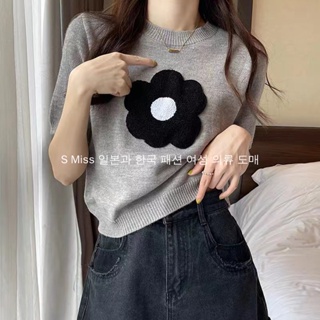 Gray flower short-sleeved knitted womens summer new foreign style short top