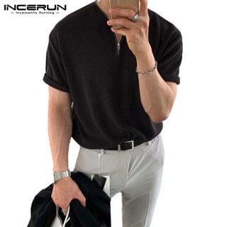 Incerun เสื้อแขนสั้น คอวี ลายวาฟเฟิล ขนาดเล็ก