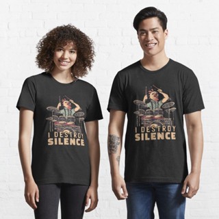 เสื้อยืดผ้าคอตตอน เสื้อยืดแขนสั้น เสื้อยืดผ้าฝ้าย ราคาส่ง I Destroy Silence - Drummer Quote Musician Saying - Drums Dru