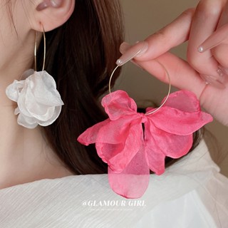1 คู่ ผ้าวงกลม Tulle สีชมพู / ขาว ดอกไม้ ต่างหู แฟชั่น ขั้นสูง อารมณ์ ใหม่ โบฮีเมียน ต่างหู