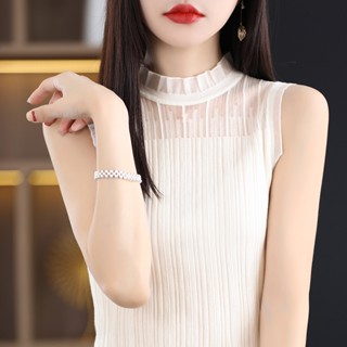 623119 เสื้อกล้ามแขนกุด คอสูง ผ้าวูลถัก แต่งลูกไม้ สีขาว สําหรับผู้หญิง