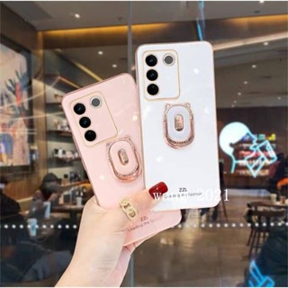 Ready Stock 2023 New Phone Case เคส VivoV27 VIVO V27e V27 Pro 5G Y02A Casing Electroplating Straight Edge Protective Case VIVO V27 5G with Bear Stand Soft Case เคสโทรศัพท