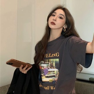 Suxi เสื้อยืด คอกลม แขนสั้น พิมพ์ลาย ทรงหลวม สไตล์วินเทจ แฟชั่นฤดูร้อน สําหรับผู้หญิง