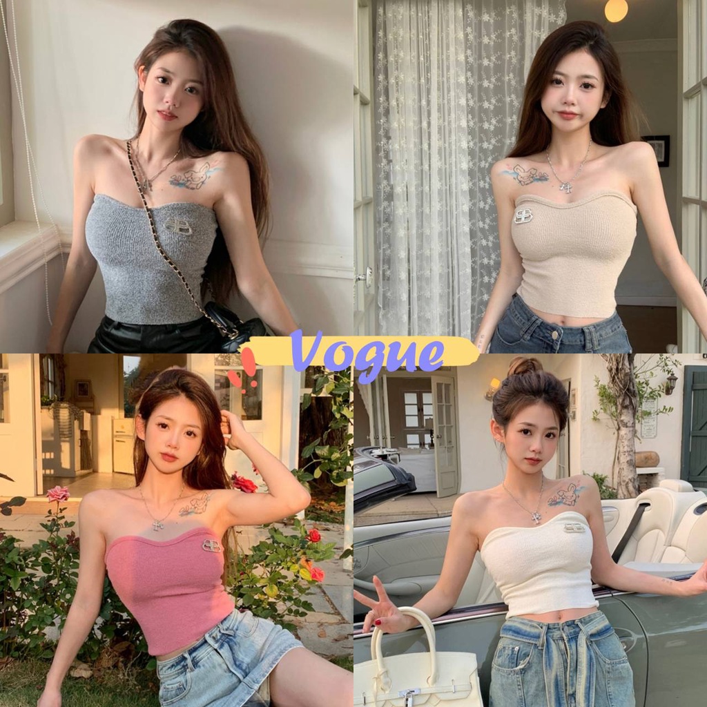 Vogue พร้อมส่ง เสื้อ เกาะอกไหมพรม สีน่ารักใส่สบาย ดีเทลแถมเข็มกัดBB (31010)