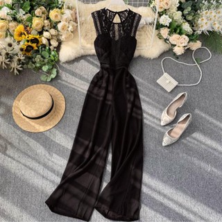 Jumpsuit womens 2020 new OL womens wear heart machine hollowed out bare back sleeveless lace splicing waist show thin wide leg pants