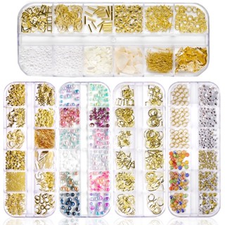 12 Grid 3D beads Metal Nail Art Decoration studs Mixed Designs DIY Nails Studs rhinestone Manicure