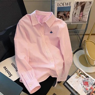 Pink Striped shirt womens long sleeve design sense niche mid-length western style shirt loose college style all-match shirt