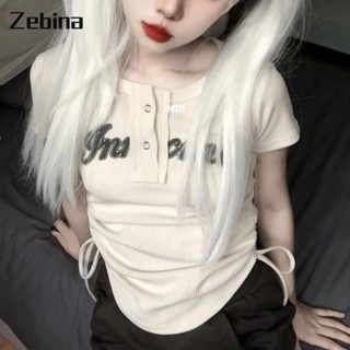 Zebina เสื้อยืดแขนสั้น เอวลอย แบบผูกเชือก สไตล์เรโทร อเมริกัน สําหรับผู้หญิง