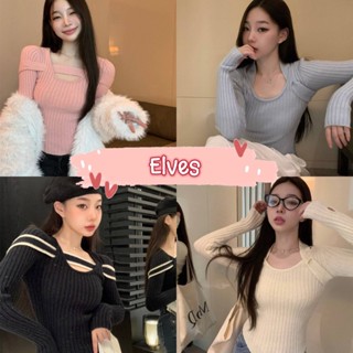 Elves✨พร้อมส่ง✨ เสื้อไหมพรมแขนยาว ดีเทลสายด้านหน้า ใส่ได้2แบบเท่สุดๆ ~C595~