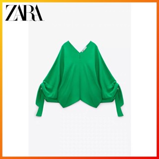 Zara เสื้อเบลาส์ ผ้าเดรป ประดับโบว์ แฟชั่นฤดูใบไม้ผลิ สําหรับผู้หญิง