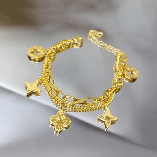สร้อยข้อมือ ชุบทอง 18K จี้ใบโคลเวอร์สี่แฉก สองชั้น นําโชค แฟชั่นสําหรับผู้หญิง ของขวัญ