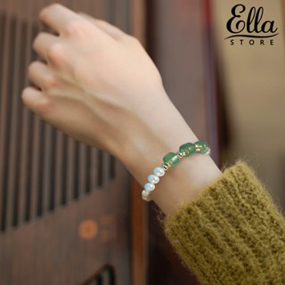 Ellastore123 สร้อยข้อมือ ประดับลูกปัด ไข่มุก หยก สามเม็ด หรูหรา สไตล์วินเทจ สําหรับผู้หญิง