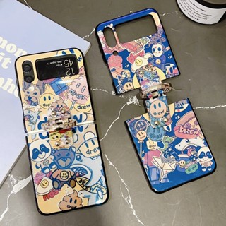 เคสโทรศัพท์มือถือแบบนิ่ม กันกระแทก แต่งแสงสีฟ้า ลายหมีหน้ายิ้ม พร้อมแหวนเพชร แฟชั่น สําหรับ Samsung Galaxy Z Flip 4 5G Z Flip 3