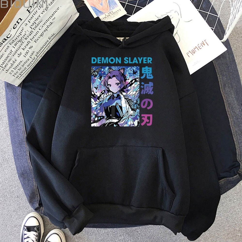 เสื้อยืดมีฮู้ด พิมพ์ลายโลโก้อนิเมะ Kochou Shinobu Kawaii Demon Slayer เหมาะกับของขวัญวันเกิด สําหรับผู้ชาย