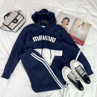 ♥ เช็คสินค้าก่อนสั่ง MIU MIU HOODED SET ชนข็อป ชุดเซท สปอร์ต เสื้อครอป ฮู้ด + กางเกงขายาว สีน้ำเงิน มิวมิว