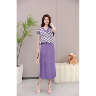 2MUAY PLEAT เซ็ทพลีทคุณภาพ V NECK CHECKERED PRINT PLEAT SET 3สี รุ่น PP7608T/PP7608S FREE SIZE