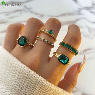 5pcs/set Luxury Green Gemstone Rings Set for Women Fashion Gold Finger Ring Jewelry Accessories