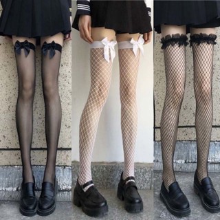 White Stockings Female Lace Fishnet Stockings with Bow Lolita Long Tube Knee-length Summer Thin Jk Socks White Thigh High Socks