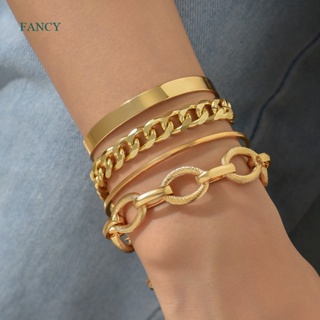 Fancy 4 ชิ้น พังก์ หนัก โลหะ ขนาดใหญ่ หนา ชุดสร้อยข้อมือโซ่ ผู้หญิง ย้อนยุค เรขาคณิต โลหะ บิดโซ่ กําไลข้อมือ สร้อยข้อมือ แฟชั่น เครื่องประดับ