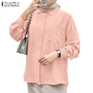 ZANZEA Womens Daily Muslim Party Texture Long Sleeve Full Sleeve Pocket Shirts