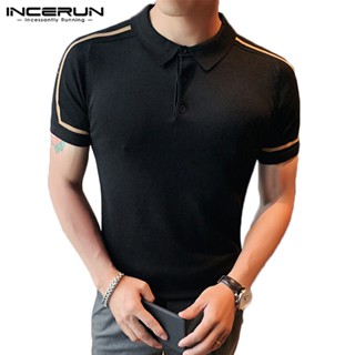 Incerun เสื้อลําลอง คอปก ผ้าถัก สีพื้น