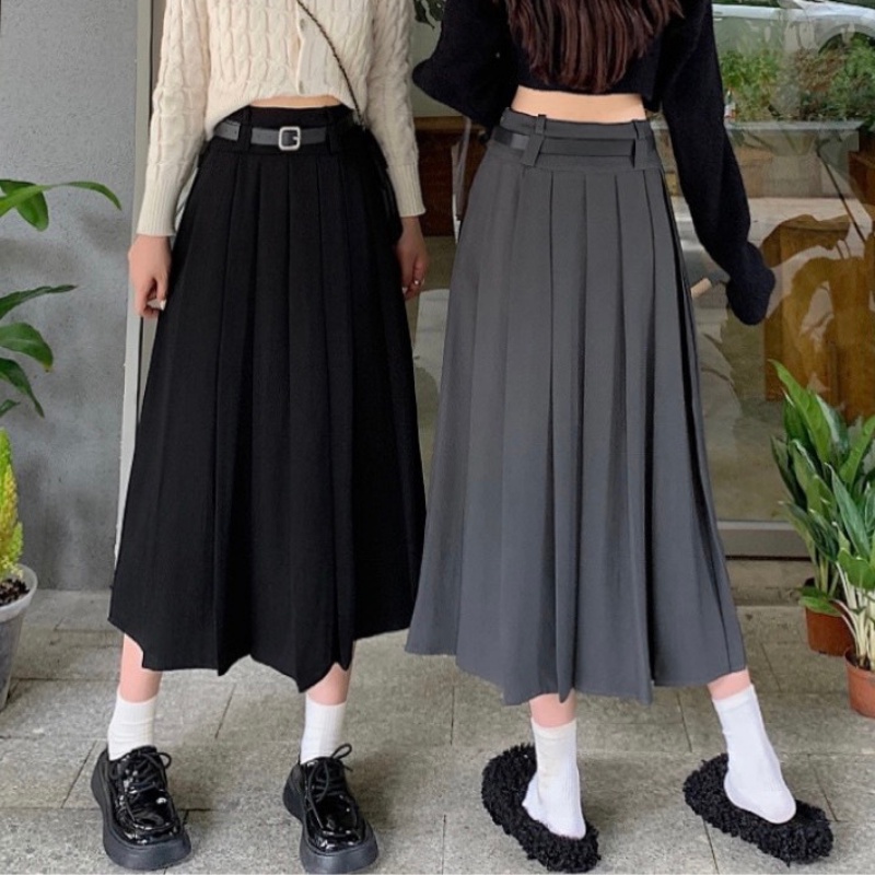 Ulzzang กระโปรงยาวเอวจับจีบ TENNIS 2 เส้น ทรง Midi ทรงบาน BIGSIZE สีน้ําตาลเข้ม สีเทา CV57