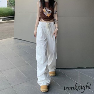 Ironknight- กางเกงคาร์โก้ ขายาว เอวสูง ทรงตรง ทรงหลวม สีพื้น สําหรับผู้หญิง