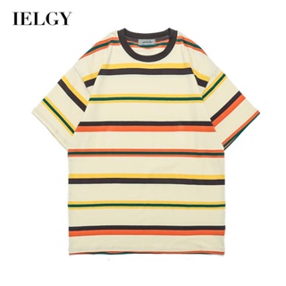 IELGY เสื้อยืดลําลอง ผ้าฝ้าย แขนสั้น ลายทาง ทรงหลวม สไตล์ญี่ปุ่นย้อนยุค สําหรับผู้ชาย