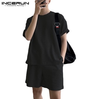 Incerun เสื้อคอกลม วาฟเฟิล + กางเกงขาสั้น ชุดลําลอง