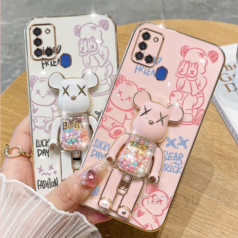 เคสโทรศัพท์มือถือ TPU นิ่ม บางมาก กันกระแทก ลายหมีโหด 3D สีแคนดี้ พร้อมขาตั้ง สําหรับ Samsung A21S A217F