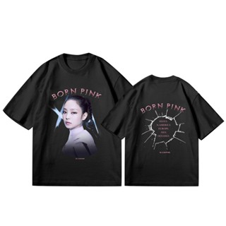 เสื้อยืดแขนสั้นลําลอง ผ้าฝ้าย ทรงหลวม พิมพ์ลาย KPOP BLACKPINK BORN PINK World Tour JENNIE พลัสไซซ์ แฟชั่นฮาราจูกุ สไตล์เ