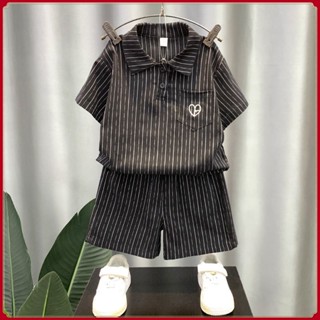 เด็กชาย Summer Stripes/Sets 2023 Summer New Korean Striped Tie-Dye Polo Shirt Two-Piece Set