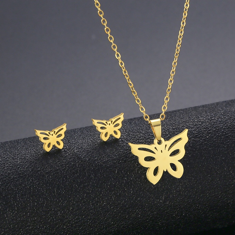 Yinuovo Golden Hollow of butterfly สแตนเลส -กันน้ํา-สร้อยคอ & ต่างหูสตั๊ดชุดเครื่องประดับของขวัญ
