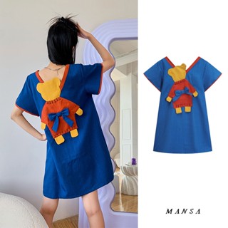 MANSA blue bear patched dress เดรสสั้นน่ารัก เดรสผู้หญิง เดรส